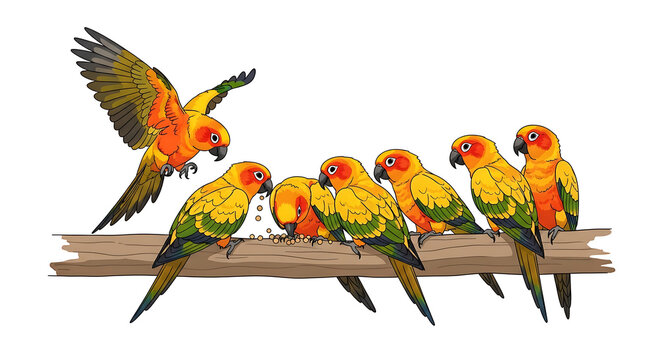 Pixel art flock of sun conure parrots feeding on a wooden perch, vibrant colors, isolated on white, cute digital illustration