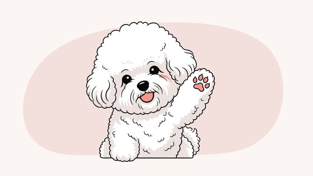 Cute cartoon illustration of a white bichon frise puppy waving its paw with a friendly and happy expression on white.