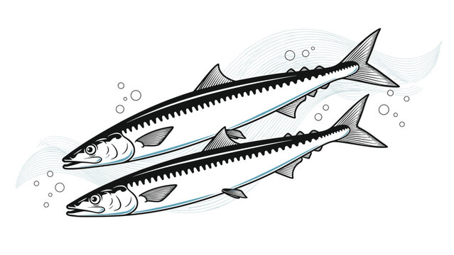 Vintage style black and white illustration of two saury fish swimming through stylized water waves with air bubbles on white.