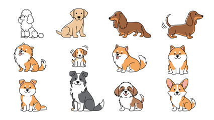 Obraz premium Twelve small dog breed illustrations show various pets in poses like sitting, standing, and wagging tails in a colorful collection.