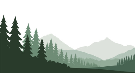 Fototapeta premium Serene minimalist vector illustration of a forest and mountain landscape. Tranquil evergreen trees lead to majestic distant peaks, evoking peaceful natural beauty