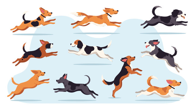 Diverse group of dogs of various breeds are shown running and jumping with excitement against a light blue abstract background.