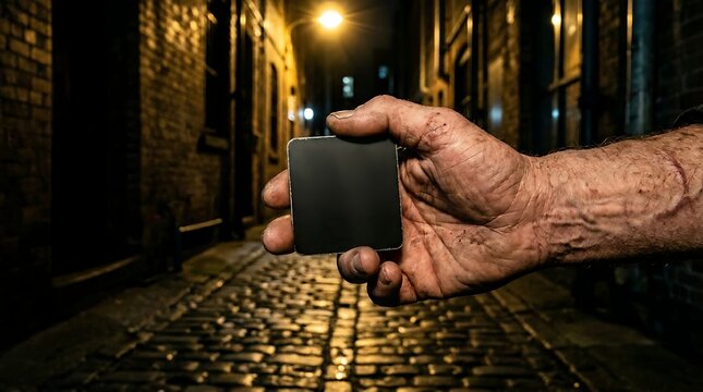 Hand holding cigarette in dark alleyway at night with buildings around