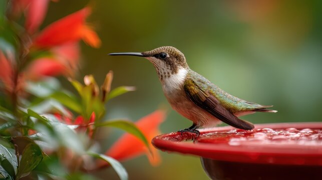 Close-up of a ruby-throated hummingbird sipping nectar from a bright red feeder in a sunlit garden