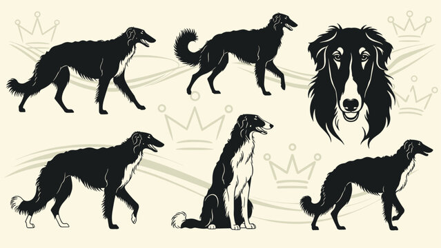 Elegant Borzoi dog silhouettes and a detailed headshot are featured in black and white against a cream background with crown icons.