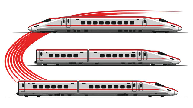 Three high speed trains in silver and red are shown with long red motion trails suggesting incredible velocity on the railway.