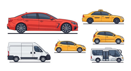 Naklejka premium Various stylized cars in profile vector illustration set against a clean white background