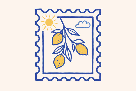 Lemon postage stamp doodle vector illustration with citrus branch sun cloud and hand drawn fruit frame