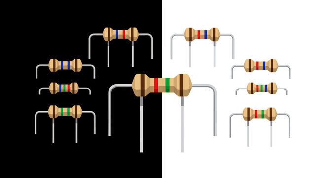 Resistors with colorful bands on black and white backgrounds.
