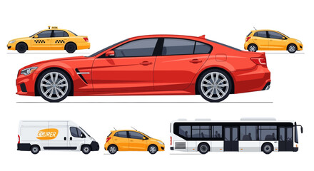 Fototapeta premium Various stylized vehicles including cars taxi van and bus on white background