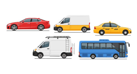 Fototapeta premium Various stylized vehicles including cars vans taxi and a bus isolated