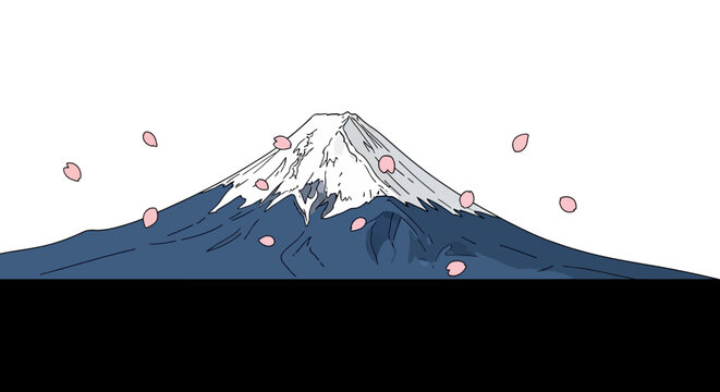 Mount Fuji with cherry blossoms floating.