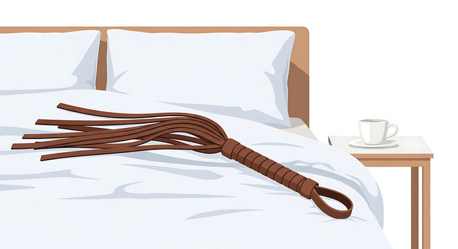 Pixel art illustration of a brown leather flogger lying on a white duvet on a bed, beside a small white table with a coffee cup.