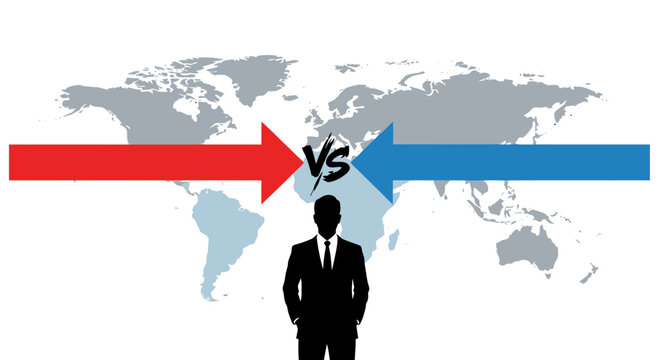 Businessman facing opposite directions with arrows and world map background