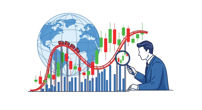 Businessman facing world map with financial data and market trends