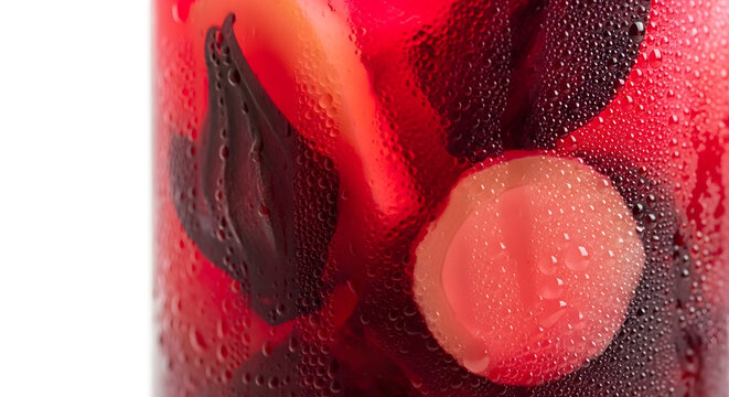 Extreme close up of an infused Zobo beverage from Nigeria, Africa showcasing dried leaves of hibiscus plants and condensation
