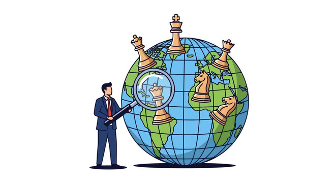 Businessman examining chess pieces on a globe with magnifying glass