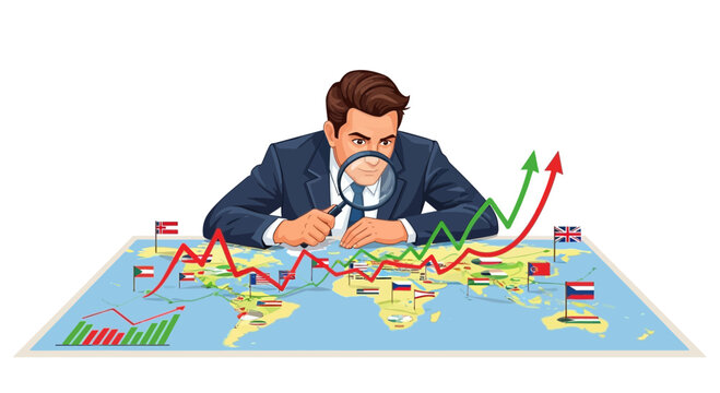 Businessman examining global finance data with magnifying glass on world map