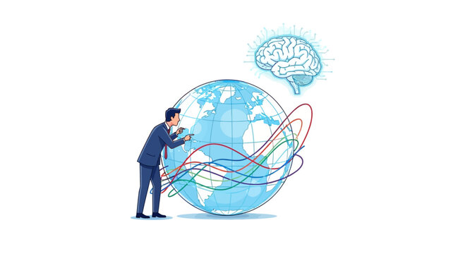 Businessman examining global data analysis concept with brain icon