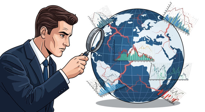 Businessman examining global finance data with magnifying glass on white
