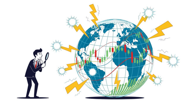 Businessman examining global financial markets with a magnifying glass illustration