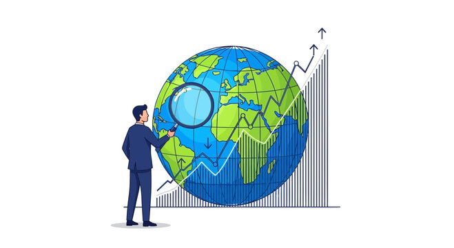 Businessman examining global growth with magnifying glass and rising graph