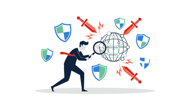 Businessman examining global network with magnifying glass and swords