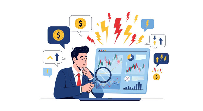 Businessman examining globe with charts and lightning representing global markets