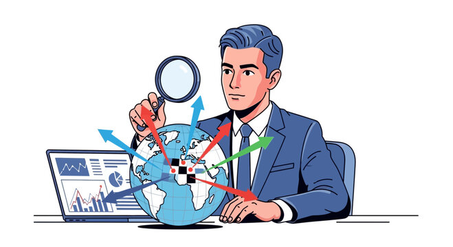 Businessman examining globe with magnifying glass illustrating global business