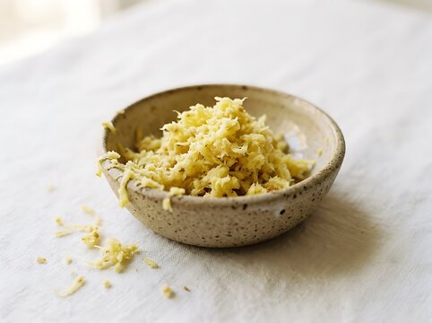 A small beige ceramic bowl filled with shredded lemon zest on a white tablecloth  grated citrus peel for cooking and baking