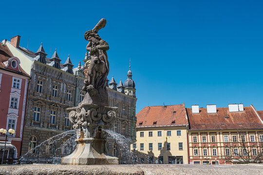 The Roland Fountain in the market square in Cheb, Czech Republic