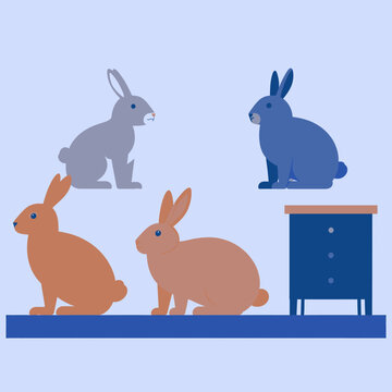 Illustration minimaliste de lapins et meubles sur fond bleu