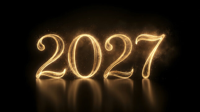 Magical 2027 light painting typography with glowing golden fire effect and reflection