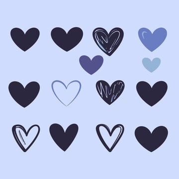 Ensemble d'illustrations de c&oelig;urs bleus vari&eacute;s avec des styles de croquis et des formes pleines pour des projets cr&eacute;atifs de Saint-Valentin.