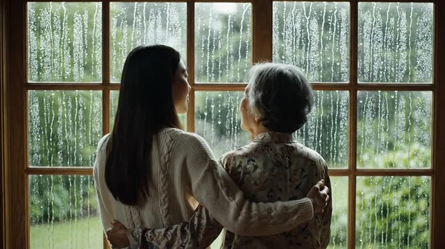 Young woman hugging senior woman by rainy window