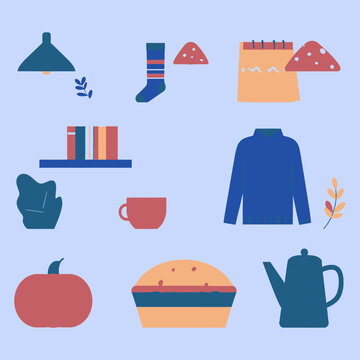 Ilustra&ccedil;&atilde;o plana de itens de conforto de outono para decora&ccedil;&atilde;o sazonal e ambiente relaxante