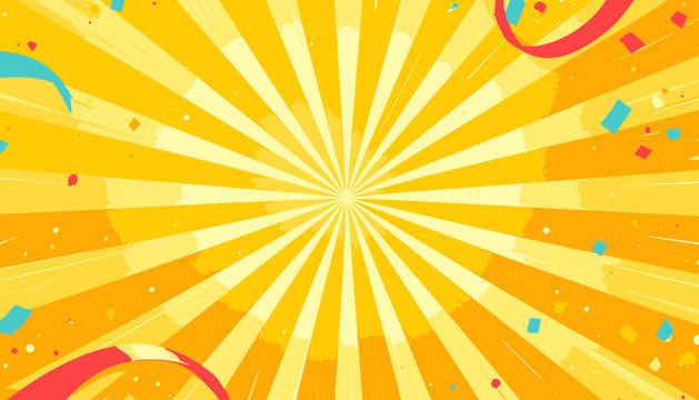 Fundo energ&eacute;tico brilhante com raios solares e confetes para celebra&ccedil;&otilde;es e promo&ccedil;&otilde;es