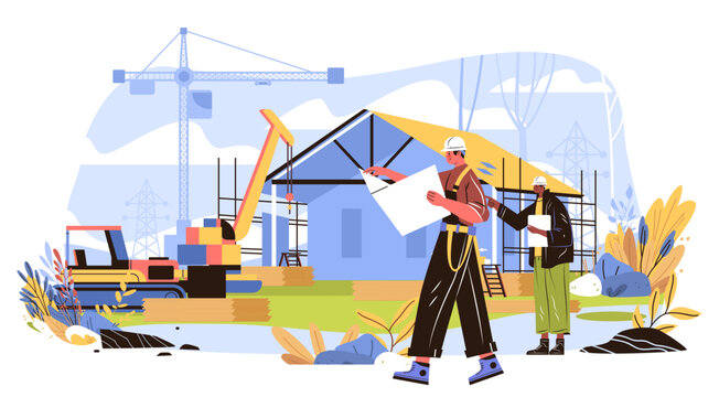 Construction workers building house blueprint crane machinery teamwork outdoor site safety helmet modern architecture project