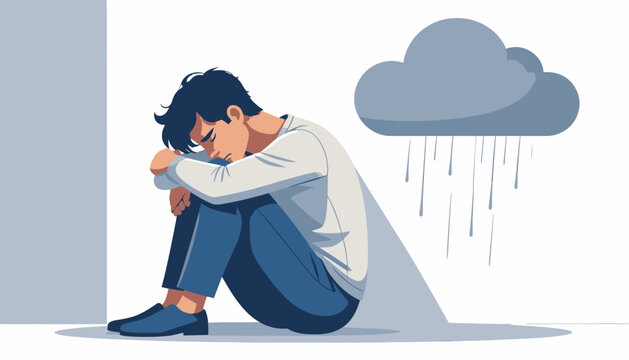 Pessoa deprimida encolhida com nuvem de chuva ilustrando desafios de sa&uacute;de mental e ang&uacute;stia emocional