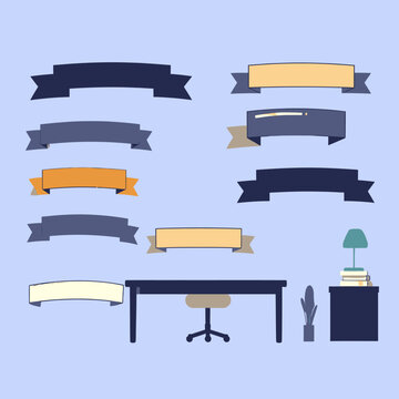 Cole&ccedil;&atilde;o de Ilustra&ccedil;&otilde;es de Faixas de Fita e Espa&ccedil;o de Trabalho de Escrit&oacute;rio para Projetos de Design e Apresenta&ccedil;&otilde;es Profissionais