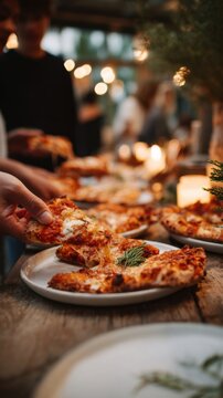 Friends are at a party enjoying pizza together. They are laughing and talking while sharing food and drinks. The atmosphere is warm and relaxed as they create memories