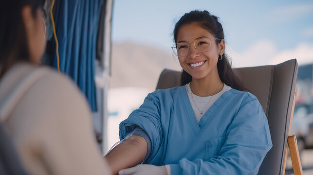 Mobile health screening van parked in low-income neighborhood, volunteer phlebotomist draws blood from seated young woman in folding chair on sidewalk, privacy curtain, community health outreach, pr