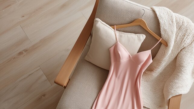 Pink mini dress with thin straps rests on chair