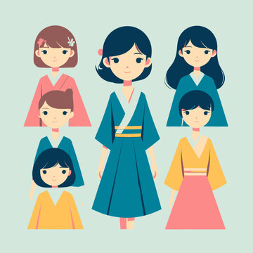 Sammlung von Illustrationen asiatischer Frauen verschiedener Generationen in traditioneller und moderner Kleidung