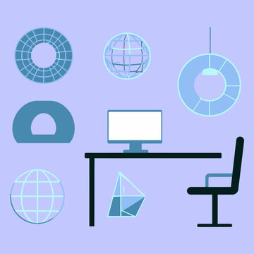 Moderner digitaler Arbeitsplatz mit Monitor Schreibtischstuhl und geometrischen Formen f&uuml;r Technologie Design