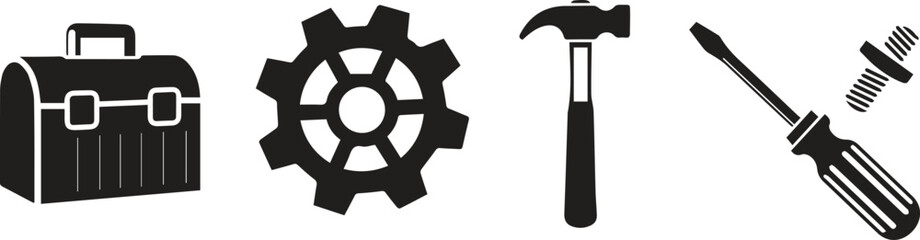 Obraz premium Toolbox gears hammer and screwdriver silhouette icons industrial equipment
