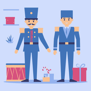 Dos Soldados de Juguete con Uniformes Azules, Tambores y Regalos en Dise&ntilde;o Plano