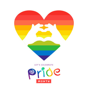 Emotional Pride Month 2026 design with hands forming heart inside rainbow shape. Social media ready to use. Ideal for diversity campaigns, equality messaging, posters, and branding.