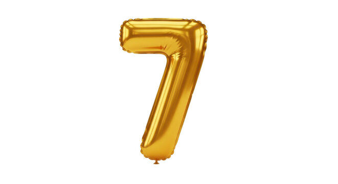 Shiny golden balloon number 7 isolated on black background seven numeral