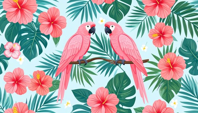 Colorful vector illustration of a cute tropical parrot and macaw perched on a jungle tree branch with summer flowers and green leaves in a seamless nature pattern design
